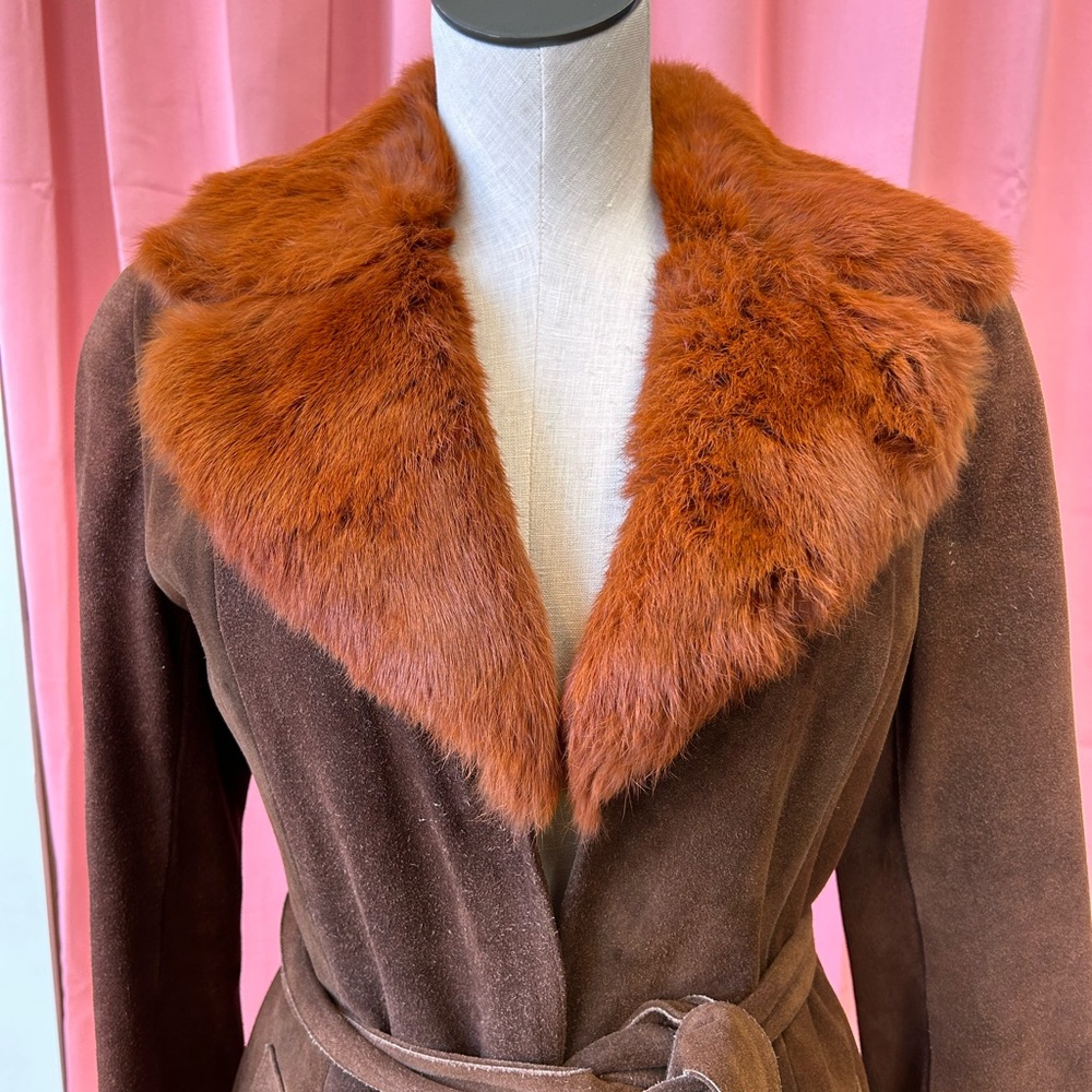VINTAGE 70's suede trench coat with orange-brown rabbit fur collar